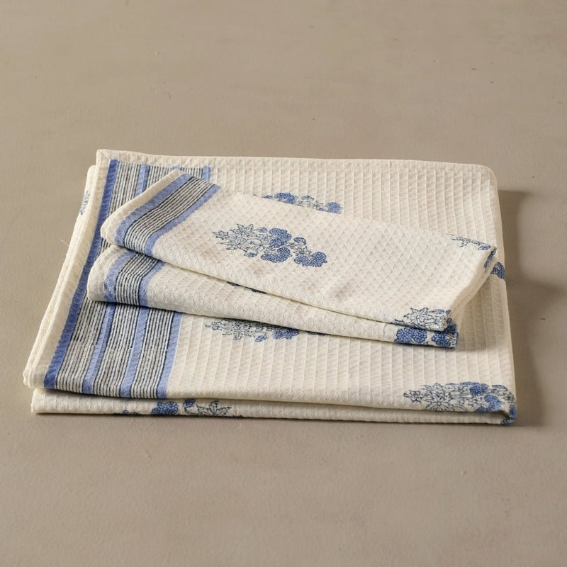 Pure Cotton Hand and Bath Towel Set | Hand Block Printed In Blue Floral Pattern | Handmade In India - Bath Towel: 30 x 60 inches & Hand Towel: 16 x 24 inches | 1 Bath Towel | Off White & Blue