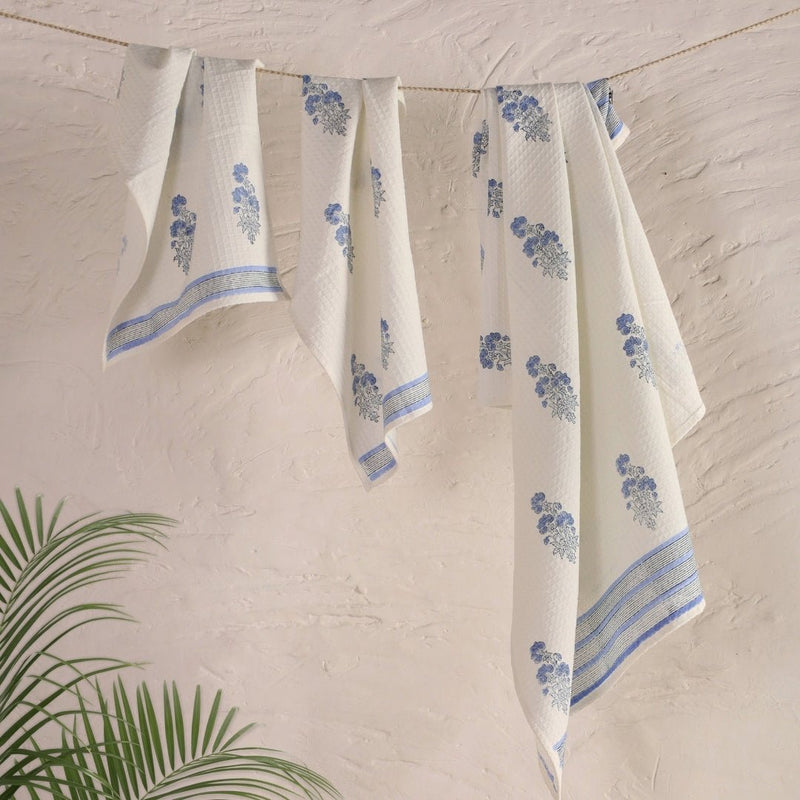 Pure Cotton Hand and Bath Towel Set | Hand Block Printed In Blue Floral Pattern | Handmade In India - Bath Towel: 30 x 60 inches & Hand Towel: 16 x 24 inches | 1 Bath Towel | Off White & Blue