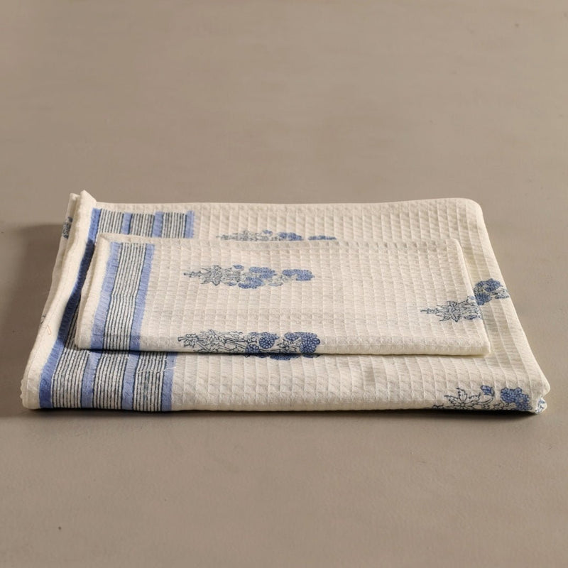 Pure Cotton Hand and Bath Towel Set | Hand Block Printed In Blue Floral Pattern | Handmade In India - Bath Towel: 30 x 60 inches & Hand Towel: 16 x 24 inches | 1 Bath Towel | Off White & Blue