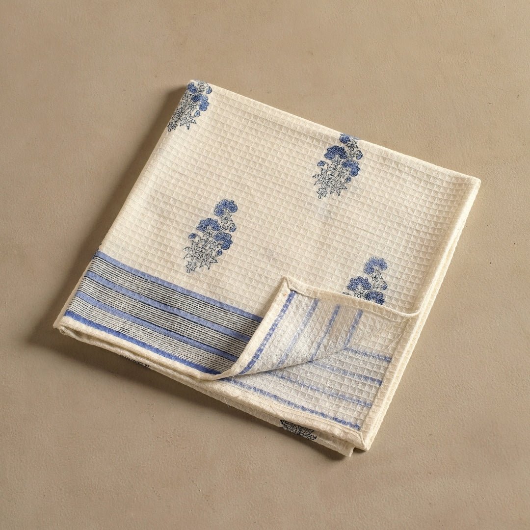 Pure Cotton Hand and Bath Towel Set | Hand Block Printed In Blue Floral Pattern | Handmade In India - Bath Towel: 30 x 60 inches & Hand Towel: 16 x 24 inches | 1 Bath Towel | Off White & Blue