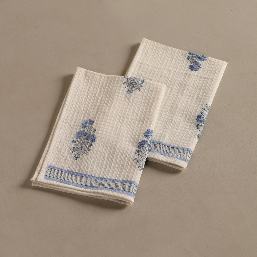 Pure Cotton Hand and Bath Towel Set | Hand Block Printed In Blue Floral Pattern | Handmade In India - Bath Towel: 30 x 60 inches & Hand Towel: 16 x 24 inches | 1 Bath Towel | Off White & Blue