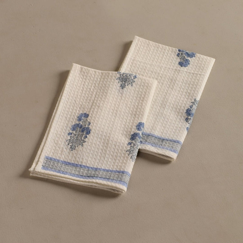 Pure Cotton Hand and Bath Towel Set | Hand Block Printed In Blue Floral Pattern | Handmade In India - Bath Towel: 30 x 60 inches & Hand Towel: 16 x 24 inches | 1 Bath Towel | Off White & Blue