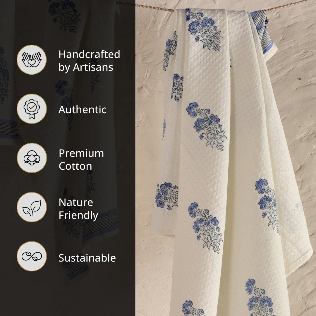 Pure Cotton Hand and Bath Towel Set | Hand Block Printed In Blue Floral Pattern | Handmade In India - Bath Towel: 30 x 60 inches & Hand Towel: 16 x 24 inches | 1 Bath Towel | Off White & Blue