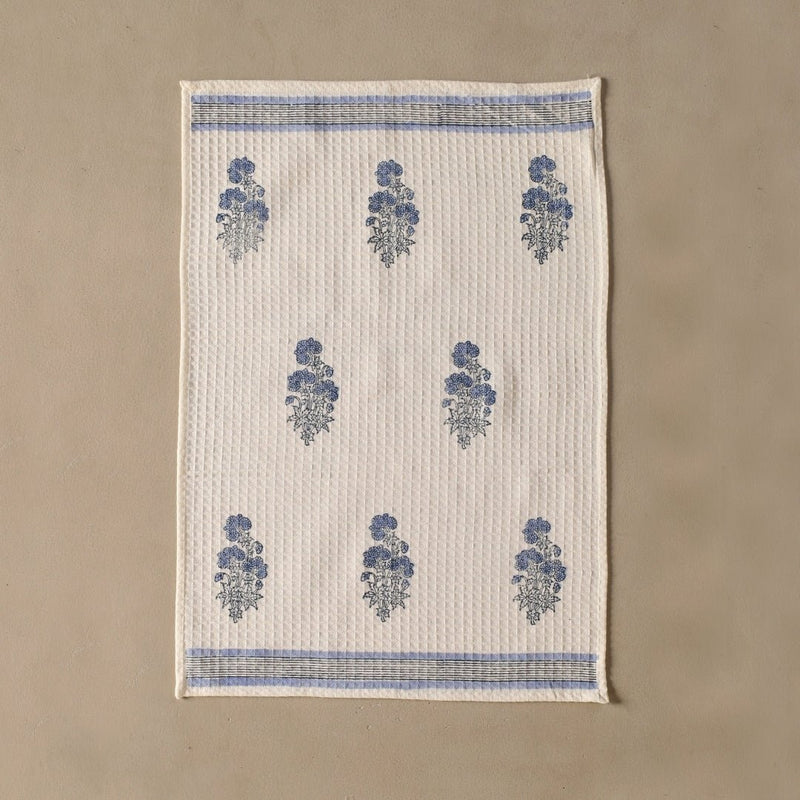 Pure Cotton Hand and Bath Towel Set | Hand Block Printed In Blue Floral Pattern | Handmade In India - Bath Towel: 30 x 60 inches & Hand Towel: 16 x 24 inches | 1 Bath Towel | Off White & Blue