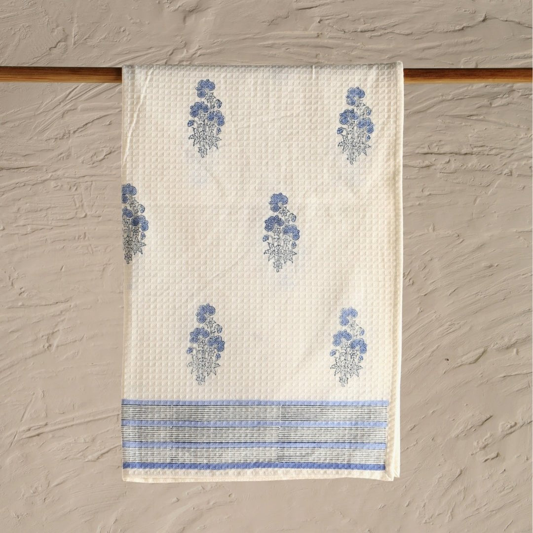 Pure Cotton Hand and Bath Towel Set | Hand Block Printed In Blue Floral Pattern | Handmade In India - Bath Towel: 30 x 60 inches & Hand Towel: 16 x 24 inches | 1 Bath Towel | Off White & Blue