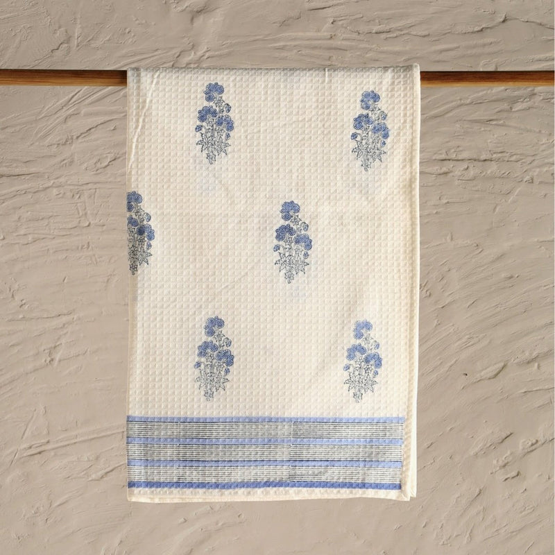 Pure Cotton Hand and Bath Towel Set | Hand Block Printed In Blue Floral Pattern | Handmade In India - Bath Towel: 30 x 60 inches & Hand Towel: 16 x 24 inches | 1 Bath Towel | Off White & Blue