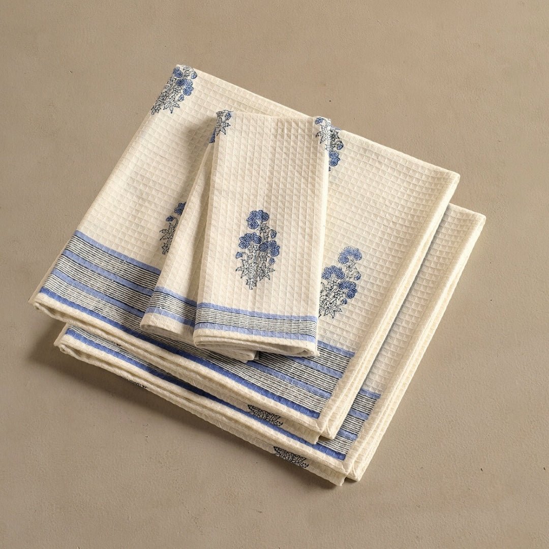 Pure Cotton Hand and Bath Towel Set | Hand Block Printed In Blue Floral Pattern | Handmade In India - Bath Towel: 30 x 60 inches & Hand Towel: 16 x 24 inches | 1 Bath Towel | Off White & Blue