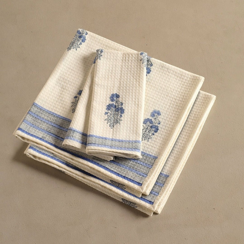 Pure Cotton Hand and Bath Towel Set | Hand Block Printed In Blue Floral Pattern | Handmade In India - Bath Towel: 30 x 60 inches & Hand Towel: 16 x 24 inches | 1 Bath Towel | Off White & Blue