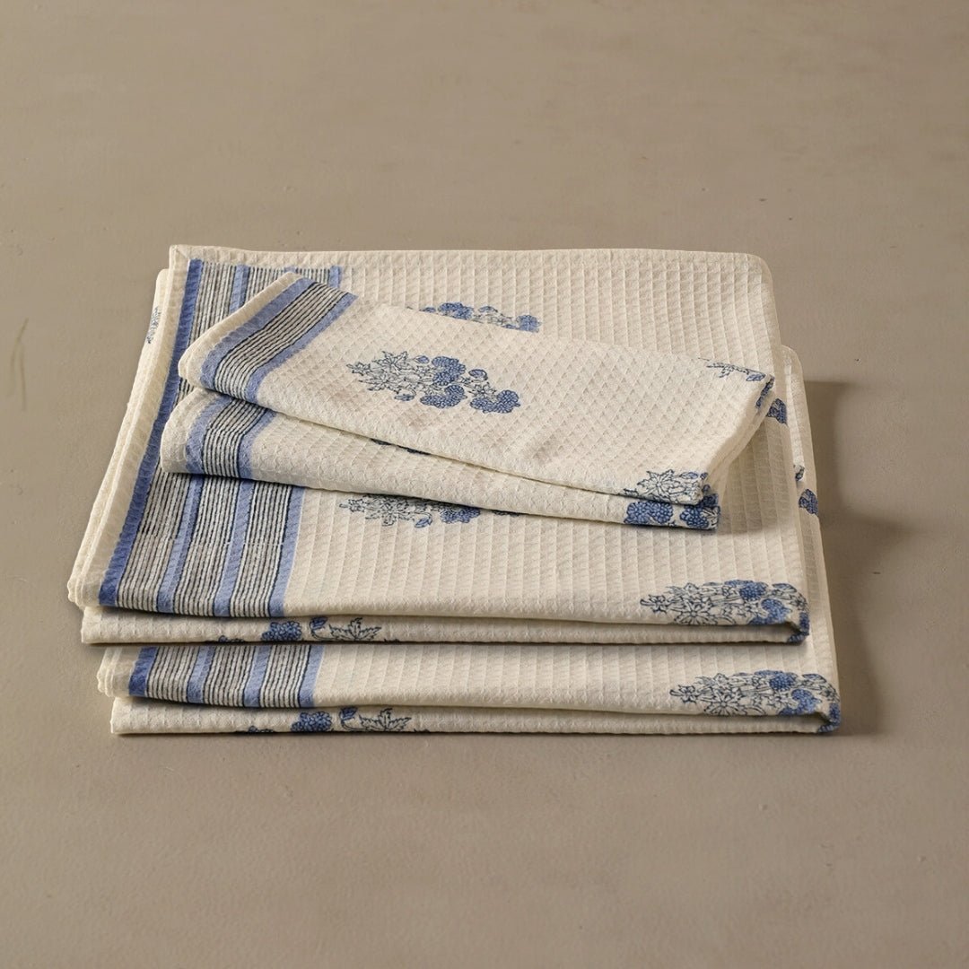 Pure Cotton Hand and Bath Towel Set | Hand Block Printed In Blue Floral Pattern | Handmade In India - Bath Towel: 30 x 60 inches & Hand Towel: 16 x 24 inches | 1 Bath Towel | Off White & Blue