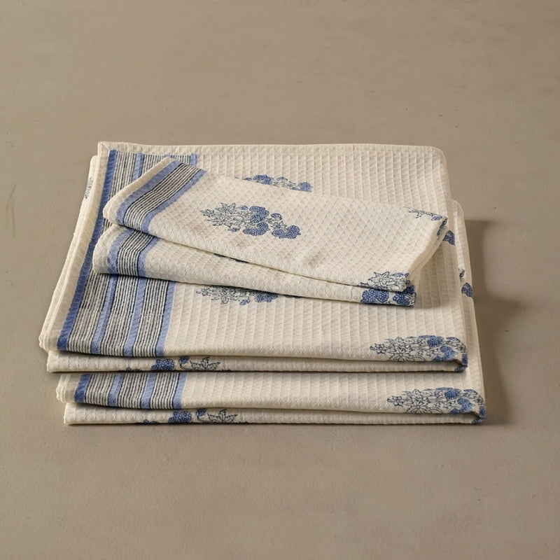 Pure Cotton Hand and Bath Towel Set | Hand Block Printed In Blue Floral Pattern | Handmade In India - Bath Towel: 30 x 60 inches & Hand Towel: 16 x 24 inches | 1 Bath Towel | Off White & Blue