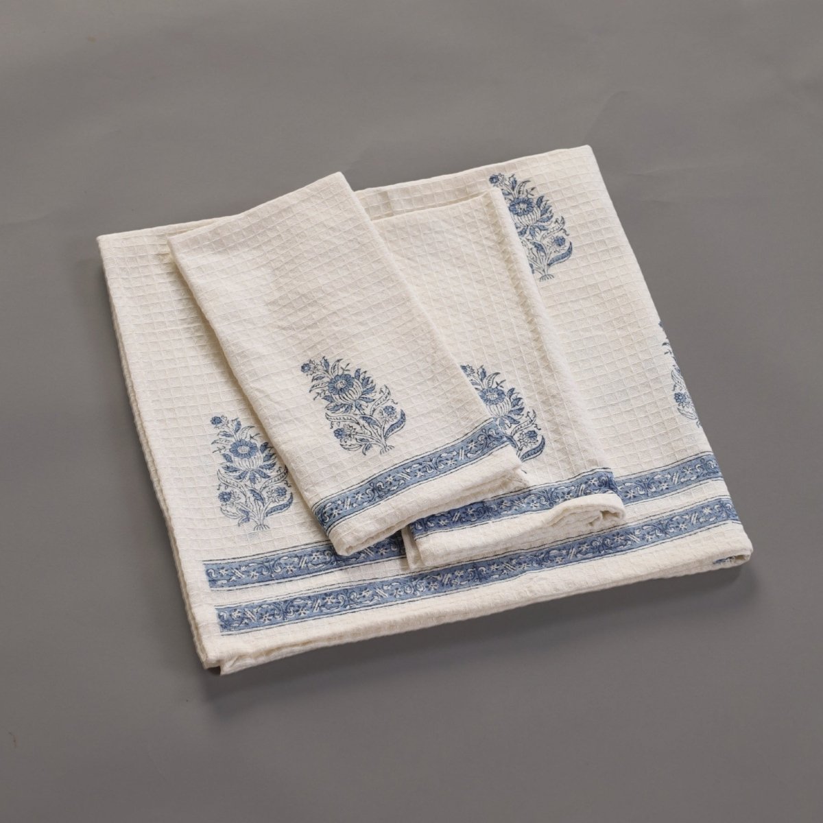 Pure Cotton Hand and Bath Towel Set Hand Block Printed In Off White and Blue | Bath Towel 30x60 inches and Hand Towel 16x24 inches