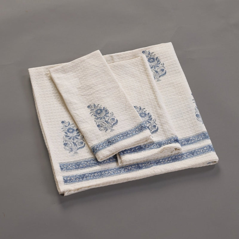 Pure Cotton Hand and Bath Towel Set Hand Block Printed In Off White and Blue | Bath Towel 30x60 inches and Hand Towel 16x24 inches