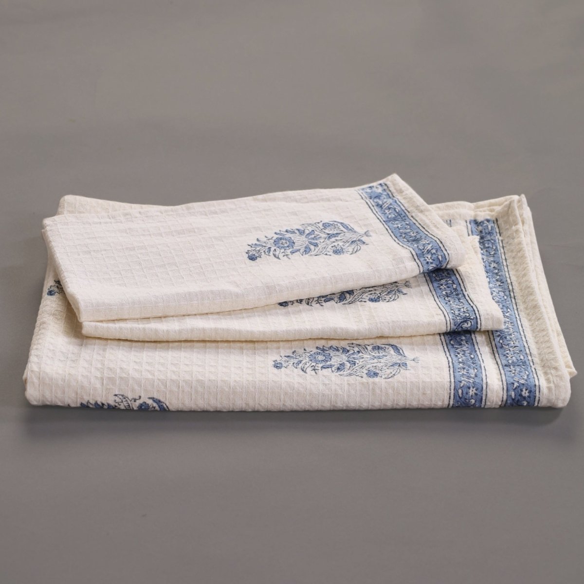 Pure Cotton Hand and Bath Towel Set Hand Block Printed In Off White and Blue | Bath Towel 30x60 inches and Hand Towel 16x24 inches