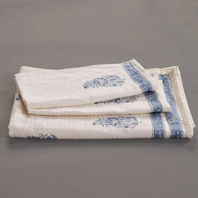 Pure Cotton Hand and Bath Towel Set Hand Block Printed In Off White and Blue | Bath Towel 30x60 inches and Hand Towel 16x24 inches