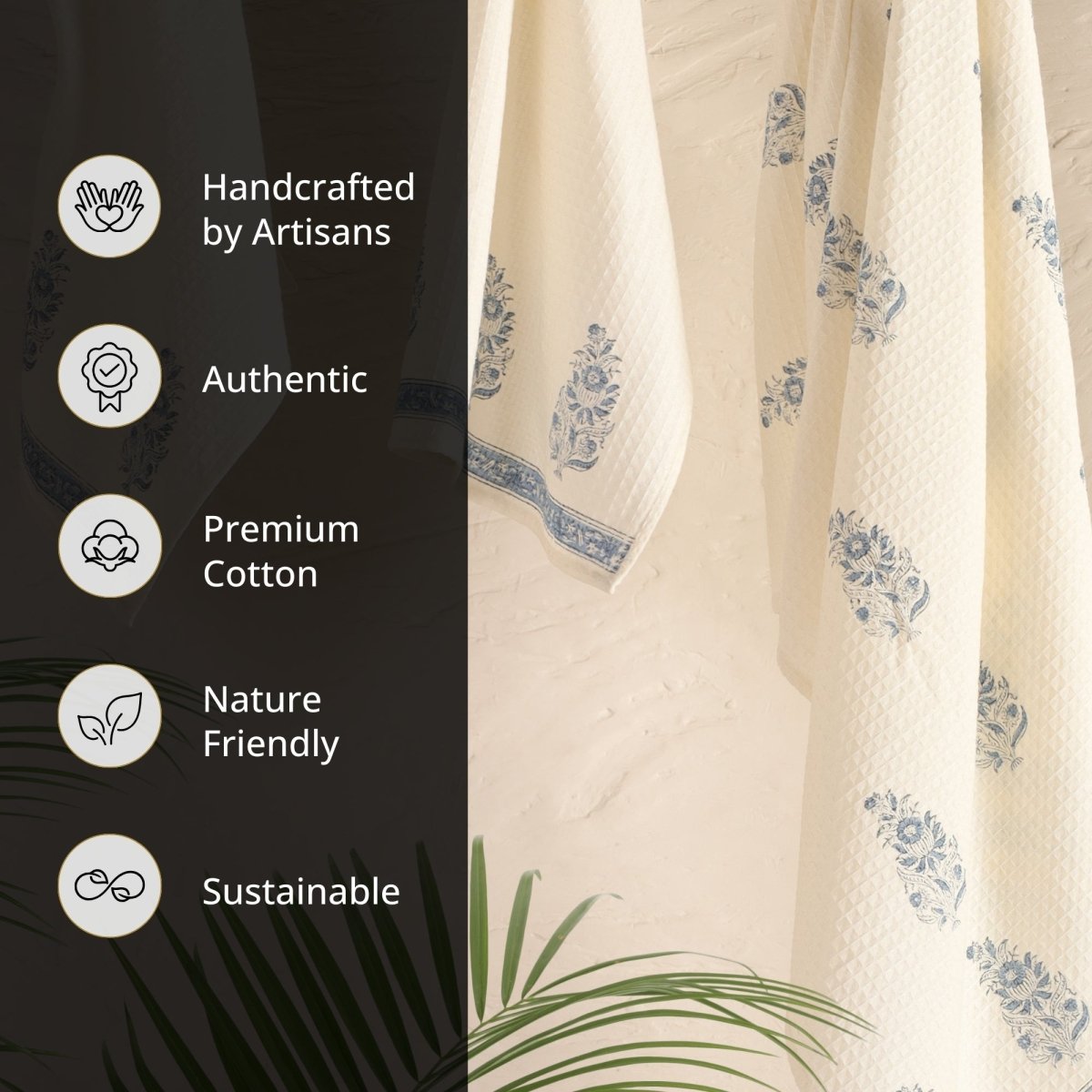 Pure Cotton Hand and Bath Towel Set Hand Block Printed In Off White and Blue | Bath Towel 30x60 inches and Hand Towel 16x24 inches