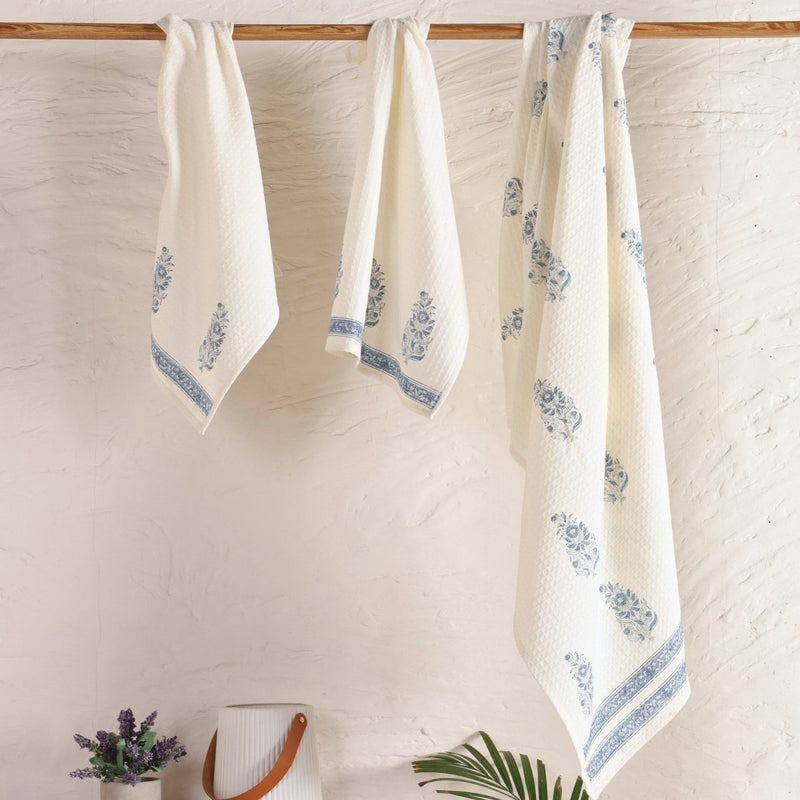 Pure Cotton Hand and Bath Towel Set Hand Block Printed In Off White and Blue | Bath Towel 30x60 inches and Hand Towel 16x24 inches