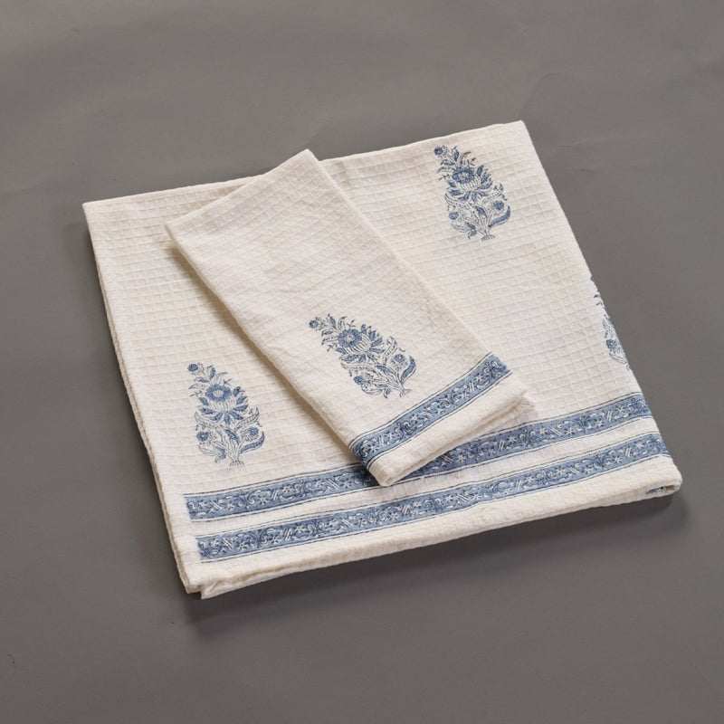 Pure Cotton Hand and Bath Towel Set Hand Block Printed In Off White and Blue | Bath Towel 30x60 inches and Hand Towel 16x24 inches