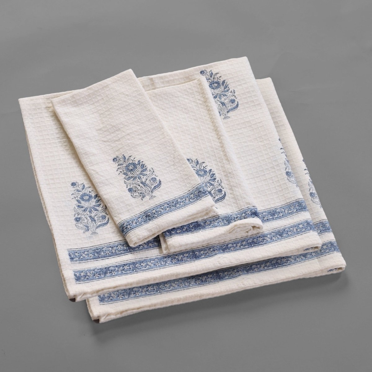 Pure Cotton Hand and Bath Towel Set Hand Block Printed In Off White and Blue | Bath Towel 30x60 inches and Hand Towel 16x24 inches