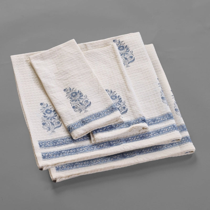 Pure Cotton Hand and Bath Towel Set Hand Block Printed In Off White and Blue | Bath Towel 30x60 inches and Hand Towel 16x24 inches