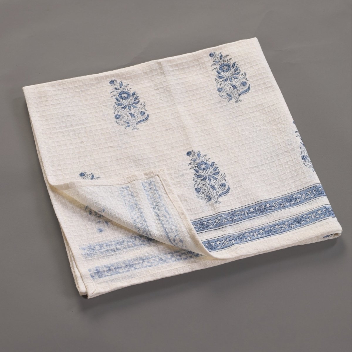 Pure Cotton Hand and Bath Towel Set Hand Block Printed In Off White and Blue | Bath Towel 30x60 inches and Hand Towel 16x24 inches