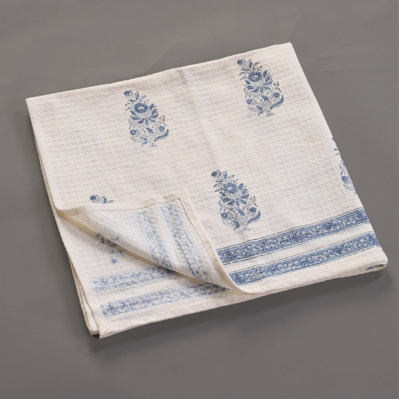 Pure Cotton Hand and Bath Towel Set Hand Block Printed In Off White and Blue | Bath Towel 30x60 inches and Hand Towel 16x24 inches