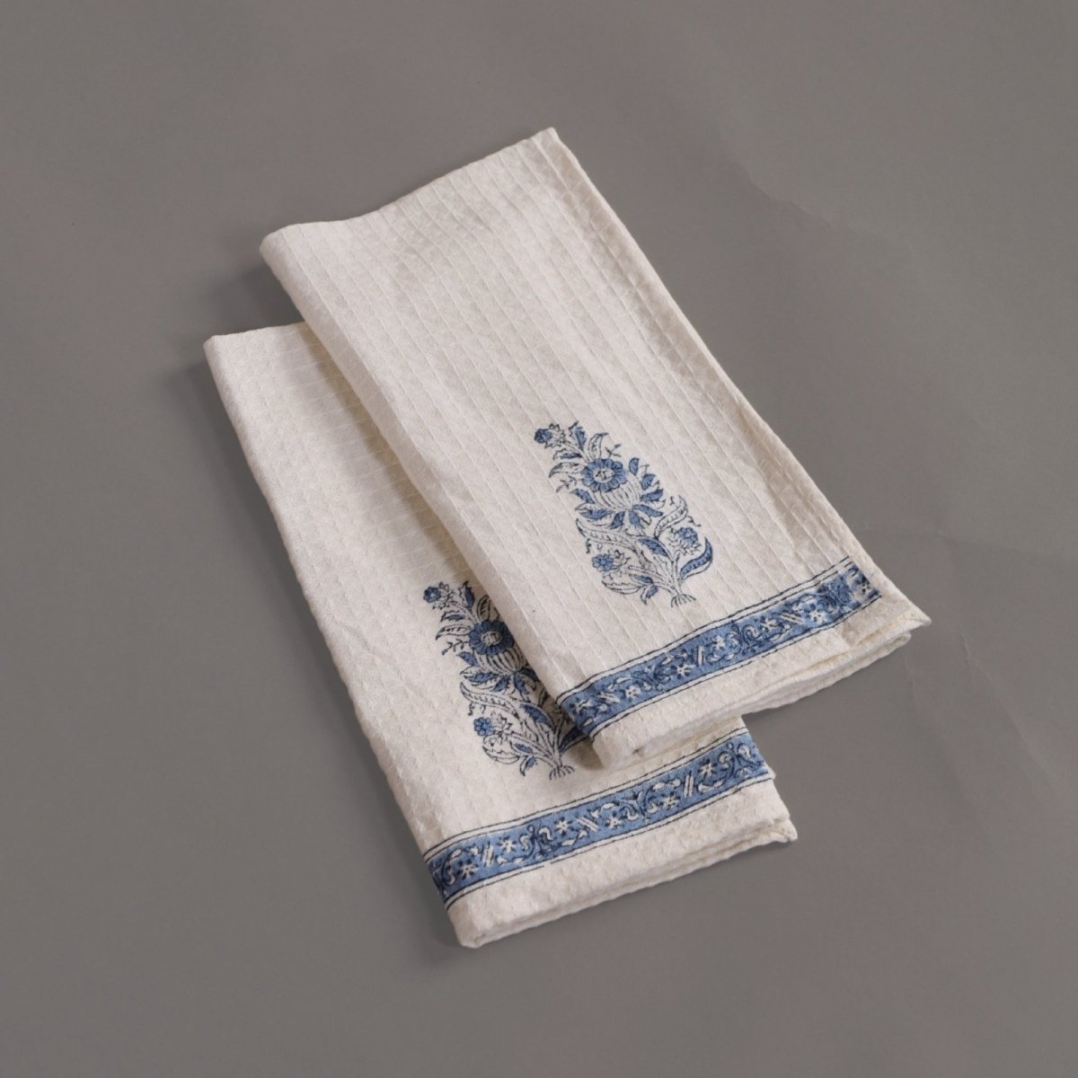 Pure Cotton Hand and Bath Towel Set Hand Block Printed In Off White and Blue | Bath Towel 30x60 inches and Hand Towel 16x24 inches