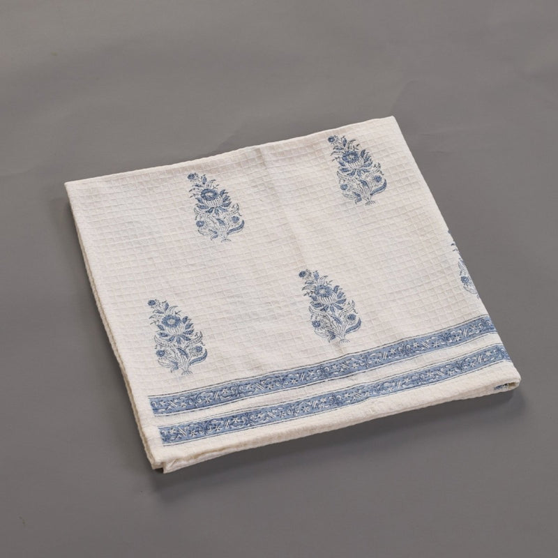 Pure Cotton Hand and Bath Towel Set Hand Block Printed In Off White and Blue | Bath Towel 30x60 inches and Hand Towel 16x24 inches