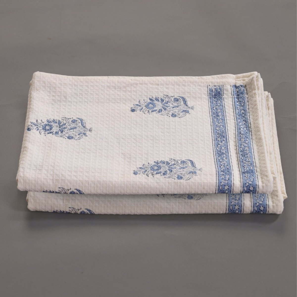 Pure Cotton Hand and Bath Towel Set Hand Block Printed In Off White and Blue | Bath Towel 30x60 inches and Hand Towel 16x24 inches