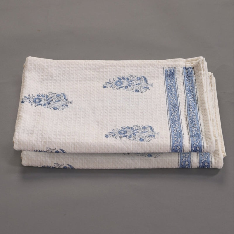 Pure Cotton Hand and Bath Towel Set Hand Block Printed In Off White and Blue | Bath Towel 30x60 inches and Hand Towel 16x24 inches