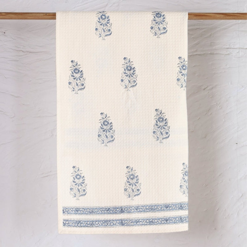 Pure Cotton Hand and Bath Towel Set Hand Block Printed In Off White and Blue | Bath Towel 30x60 inches and Hand Towel 16x24 inches