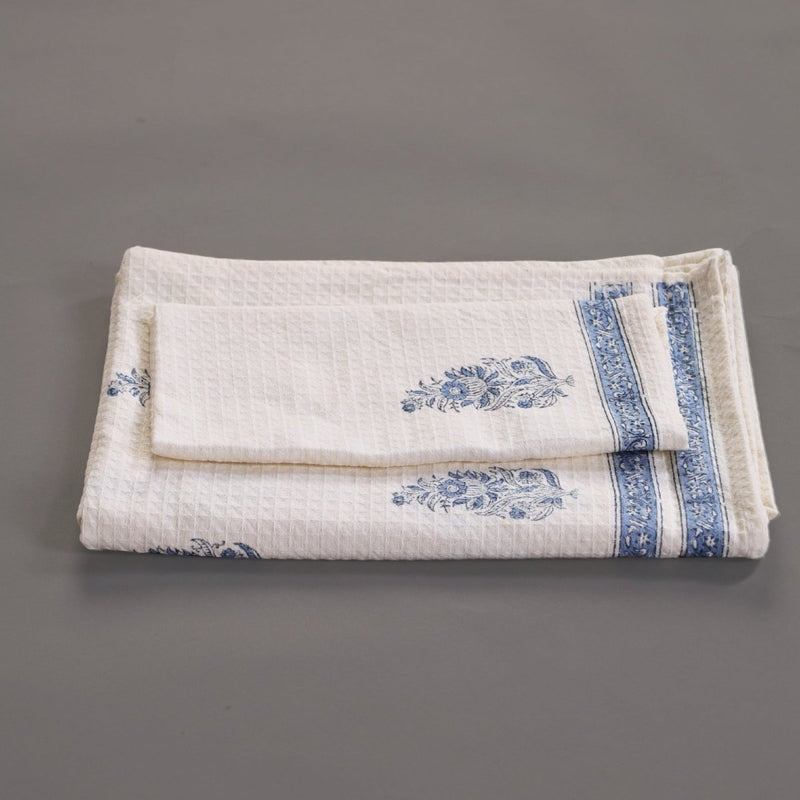 Pure Cotton Hand and Bath Towel Set Hand Block Printed In Off White and Blue | Bath Towel 30x60 inches and Hand Towel 16x24 inches