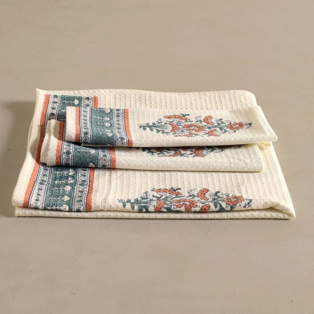 Pure Cotton Hand and Bath Towel Set | Hand Block Printed In Peach And Teal | Handmade In India - Bath Towel: 30 inches X 60 inches & Hand Towel: 16 inches X 24 inches | 2 Hand Towels | Peach And Teal