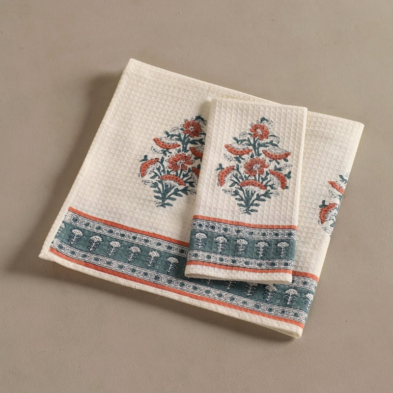 Pure Cotton Hand and Bath Towel Set | Hand Block Printed In Peach And Teal | Handmade In India - Bath Towel: 30 inches X 60 inches & Hand Towel: 16 inches X 24 inches | 2 Hand Towels | Peach And Teal