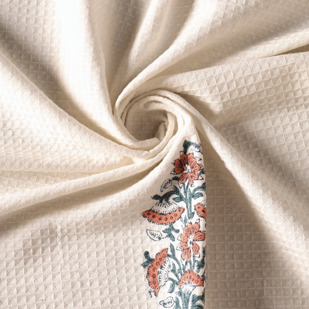 Pure Cotton Hand and Bath Towel Set | Hand Block Printed In Peach And Teal | Handmade In India - Bath Towel: 30 inches X 60 inches & Hand Towel: 16 inches X 24 inches | 2 Hand Towels | Peach And Teal