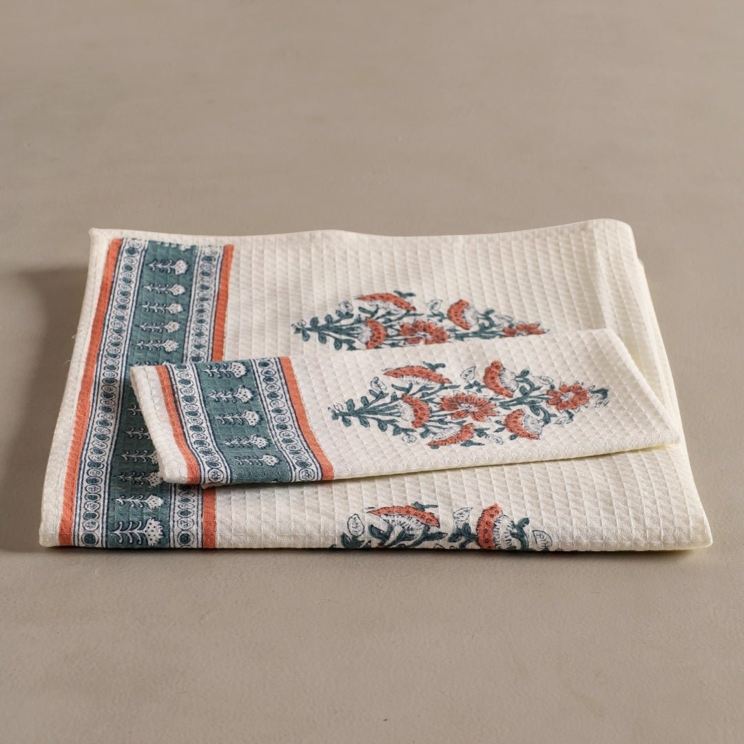 Pure Cotton Hand and Bath Towel Set | Hand Block Printed In Peach And Teal | Handmade In India - Bath Towel: 30 inches X 60 inches & Hand Towel: 16 inches X 24 inches | 2 Hand Towels | Peach And Teal