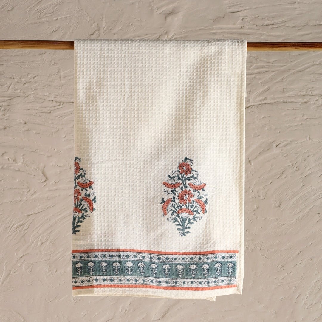 Pure Cotton Hand and Bath Towel Set | Hand Block Printed In Peach And Teal | Handmade In India - Bath Towel: 30 inches X 60 inches & Hand Towel: 16 inches X 24 inches | 2 Hand Towels | Peach And Teal