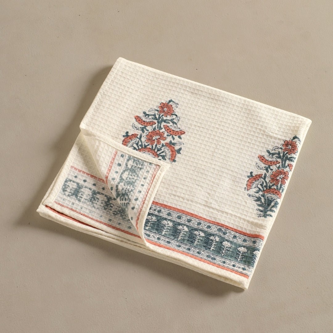 Pure Cotton Hand and Bath Towel Set | Hand Block Printed In Peach And Teal | Handmade In India - Bath Towel: 30 inches X 60 inches & Hand Towel: 16 inches X 24 inches | 2 Hand Towels | Peach And Teal