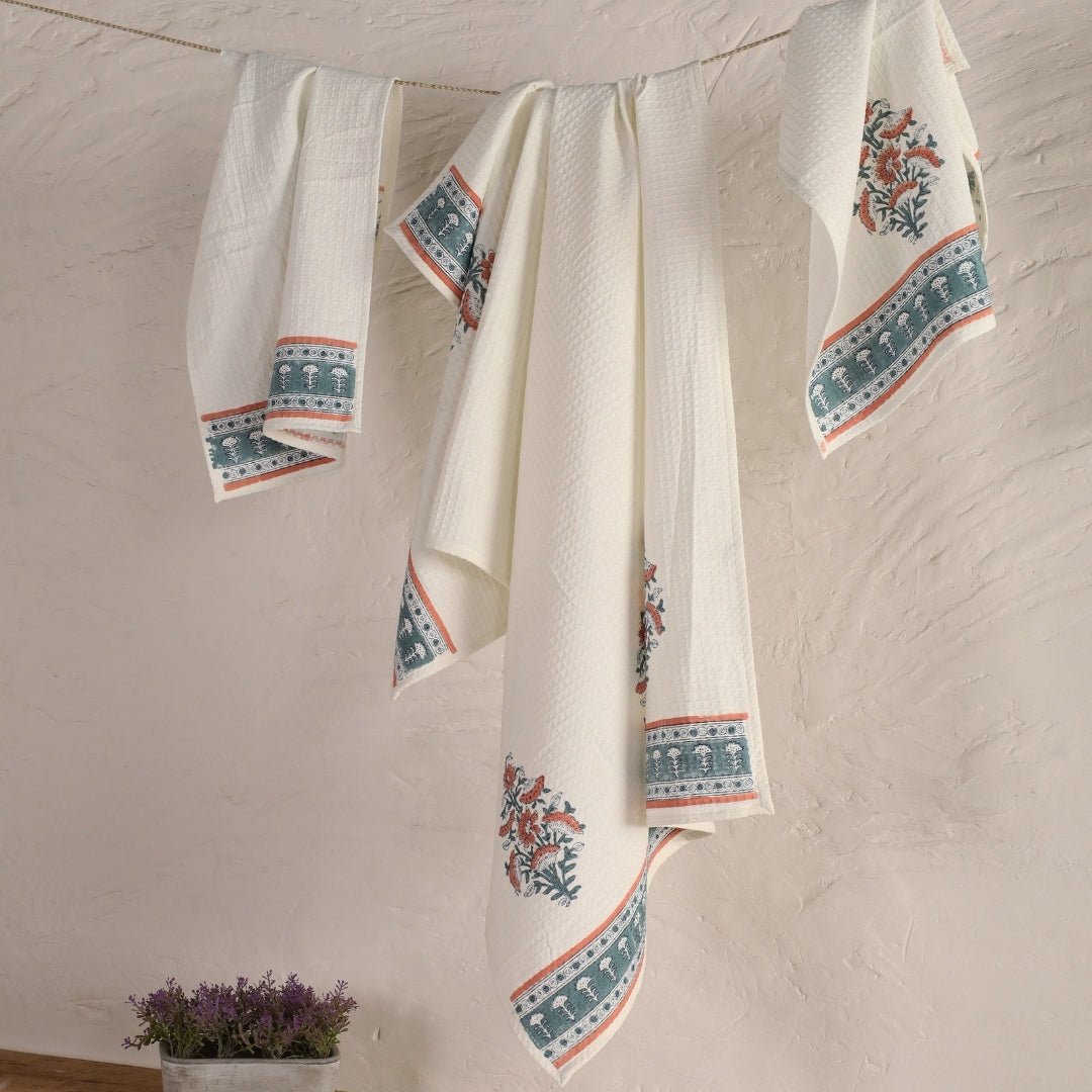 Pure Cotton Hand and Bath Towel Set | Hand Block Printed In Peach And Teal | Handmade In India - Bath Towel: 30 inches X 60 inches & Hand Towel: 16 inches X 24 inches | 2 Hand Towels | Peach And Teal