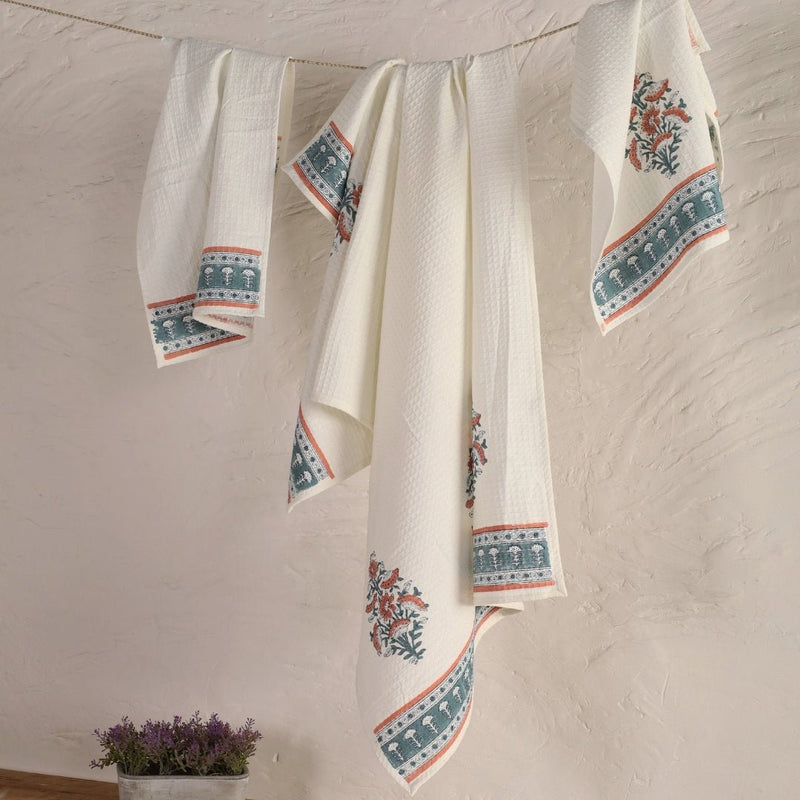 Pure Cotton Hand and Bath Towel Set | Hand Block Printed In Peach And Teal | Handmade In India - Bath Towel: 30 inches X 60 inches & Hand Towel: 16 inches X 24 inches | 2 Hand Towels | Peach And Teal
