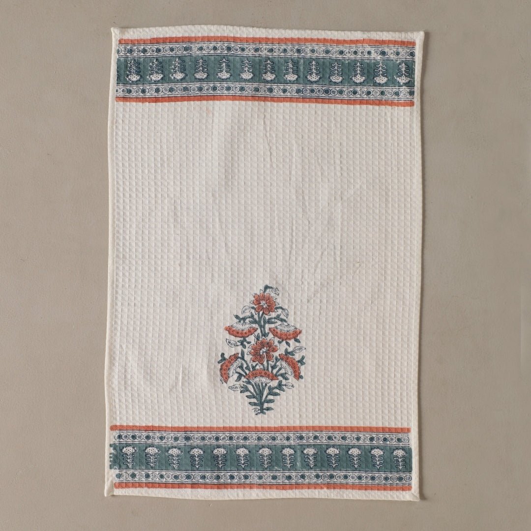 Pure Cotton Hand and Bath Towel Set | Hand Block Printed In Peach And Teal | Handmade In India - Bath Towel: 30 inches X 60 inches & Hand Towel: 16 inches X 24 inches | 2 Hand Towels | Peach And Teal