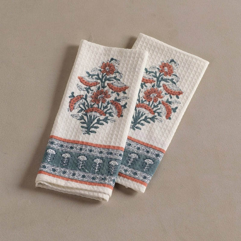 Pure Cotton Hand and Bath Towel Set | Hand Block Printed In Peach And Teal | Handmade In India - Bath Towel: 30 inches X 60 inches & Hand Towel: 16 inches X 24 inches | 2 Hand Towels | Peach And Teal