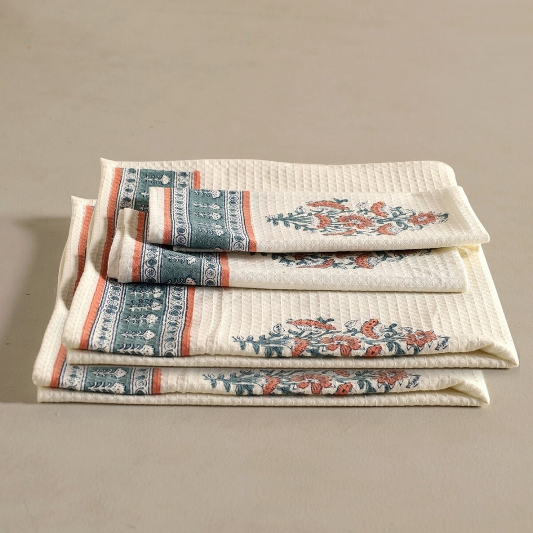 Pure Cotton Hand and Bath Towel Set | Hand Block Printed In Peach And Teal | Handmade In India - Bath Towel: 30 inches X 60 inches & Hand Towel: 16 inches X 24 inches | 2 Hand Towels | Peach And Teal