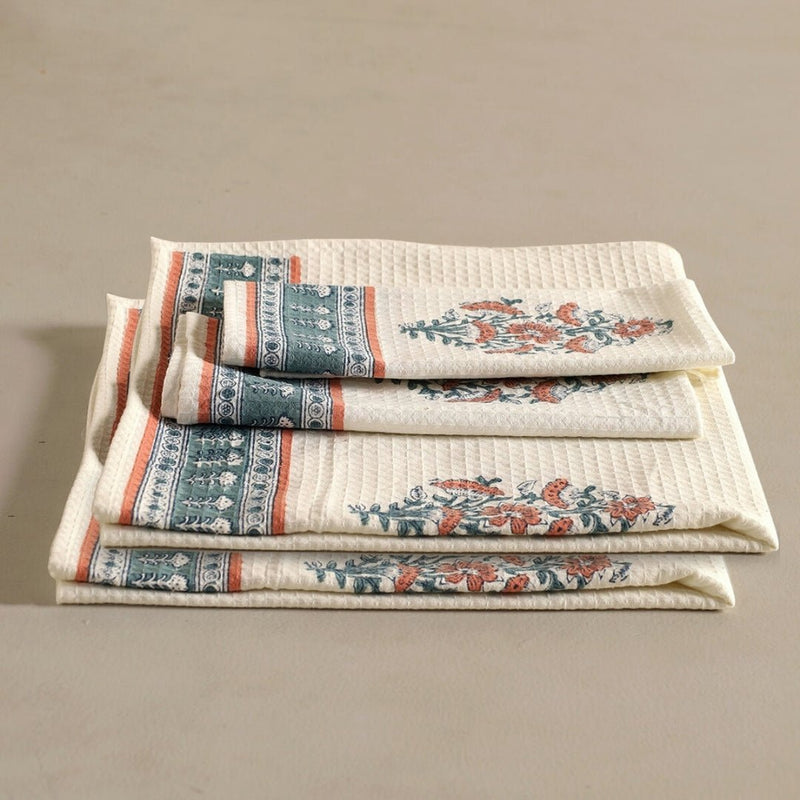 Pure Cotton Hand and Bath Towel Set | Hand Block Printed In Peach And Teal | Handmade In India - Bath Towel: 30 inches X 60 inches & Hand Towel: 16 inches X 24 inches | 2 Hand Towels | Peach And Teal