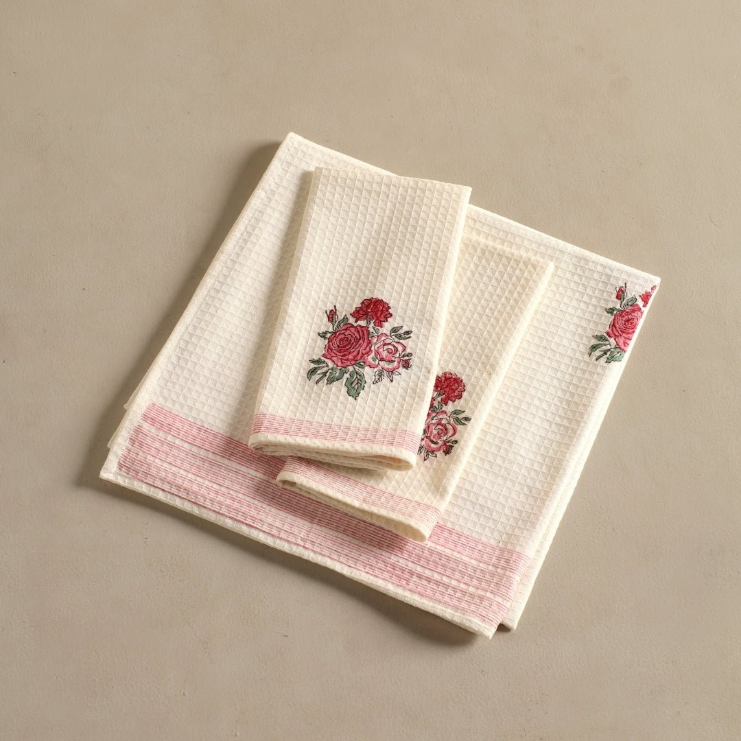 Pure Cotton Towel Block Printed in Off White with Roses | Bath Towel 30 x 60 inches and Hand Towel 16 x 24 inches