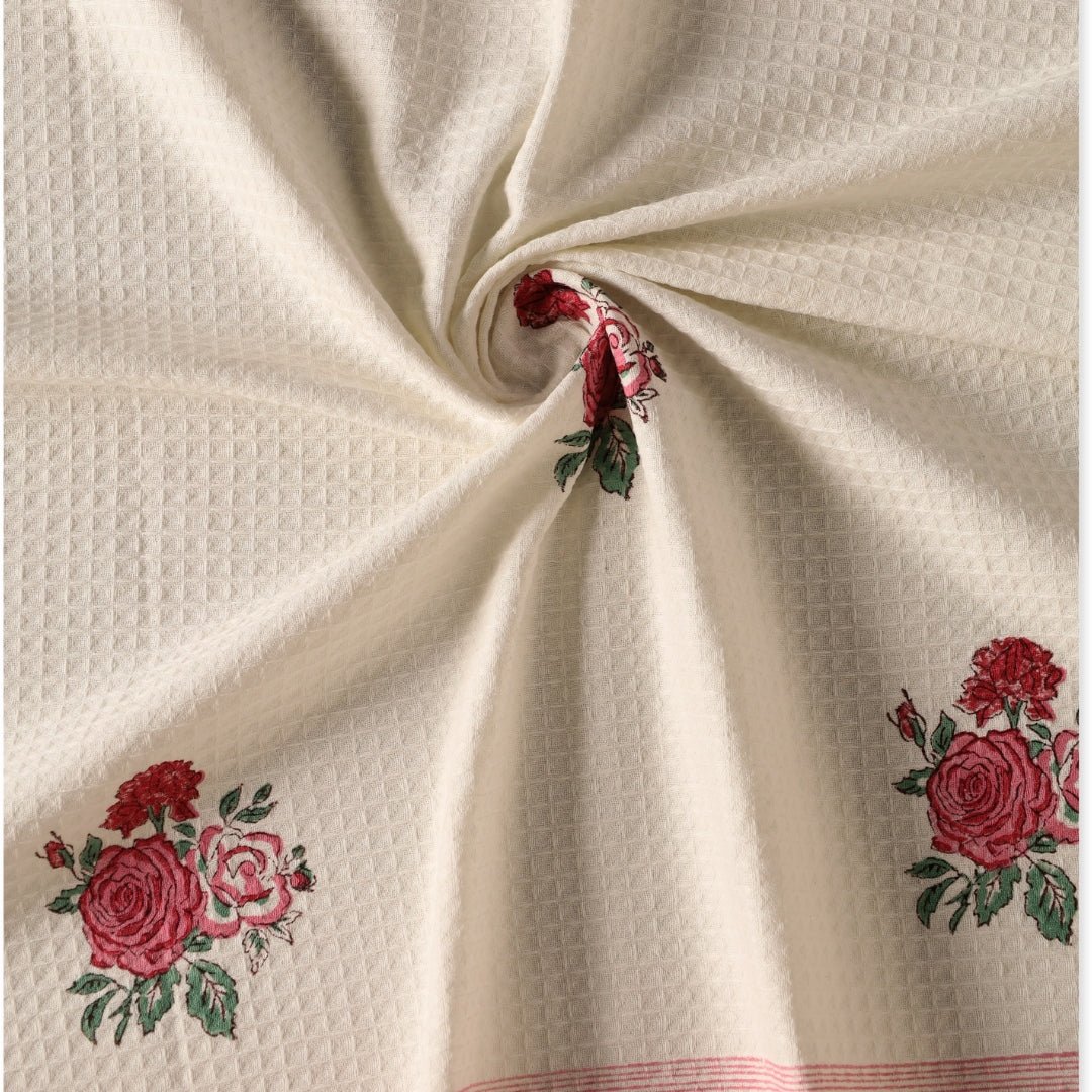 Pure Cotton Towel Block Printed in Off White with Roses | Bath Towel 30 x 60 inches and Hand Towel 16 x 24 inches