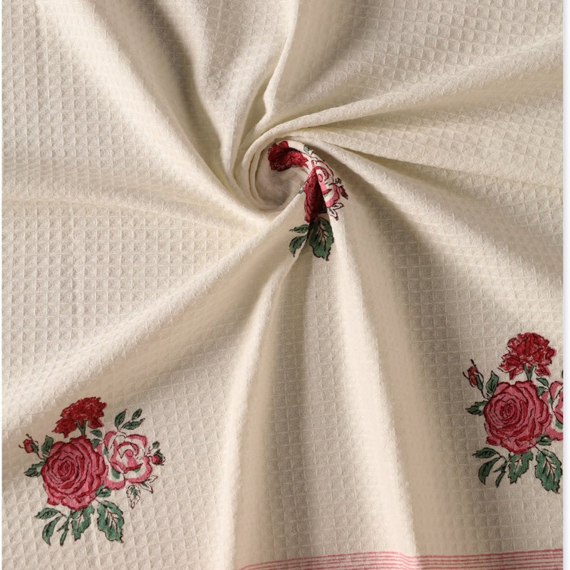 Pure Cotton Towel Block Printed in Off White with Roses | Bath Towel 30 x 60 inches and Hand Towel 16 x 24 inches