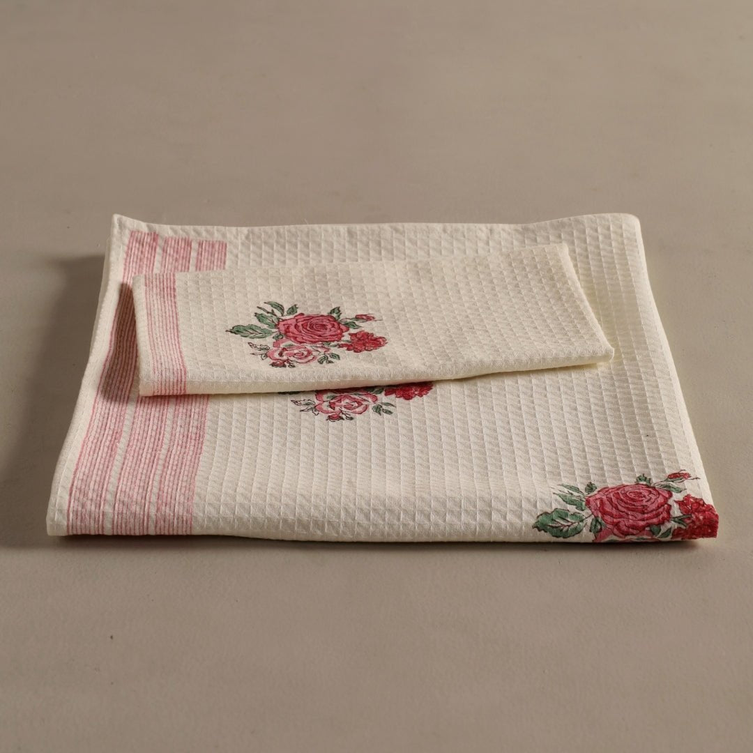Pure Cotton Towel Block Printed in Off White with Roses | Bath Towel 30 x 60 inches and Hand Towel 16 x 24 inches