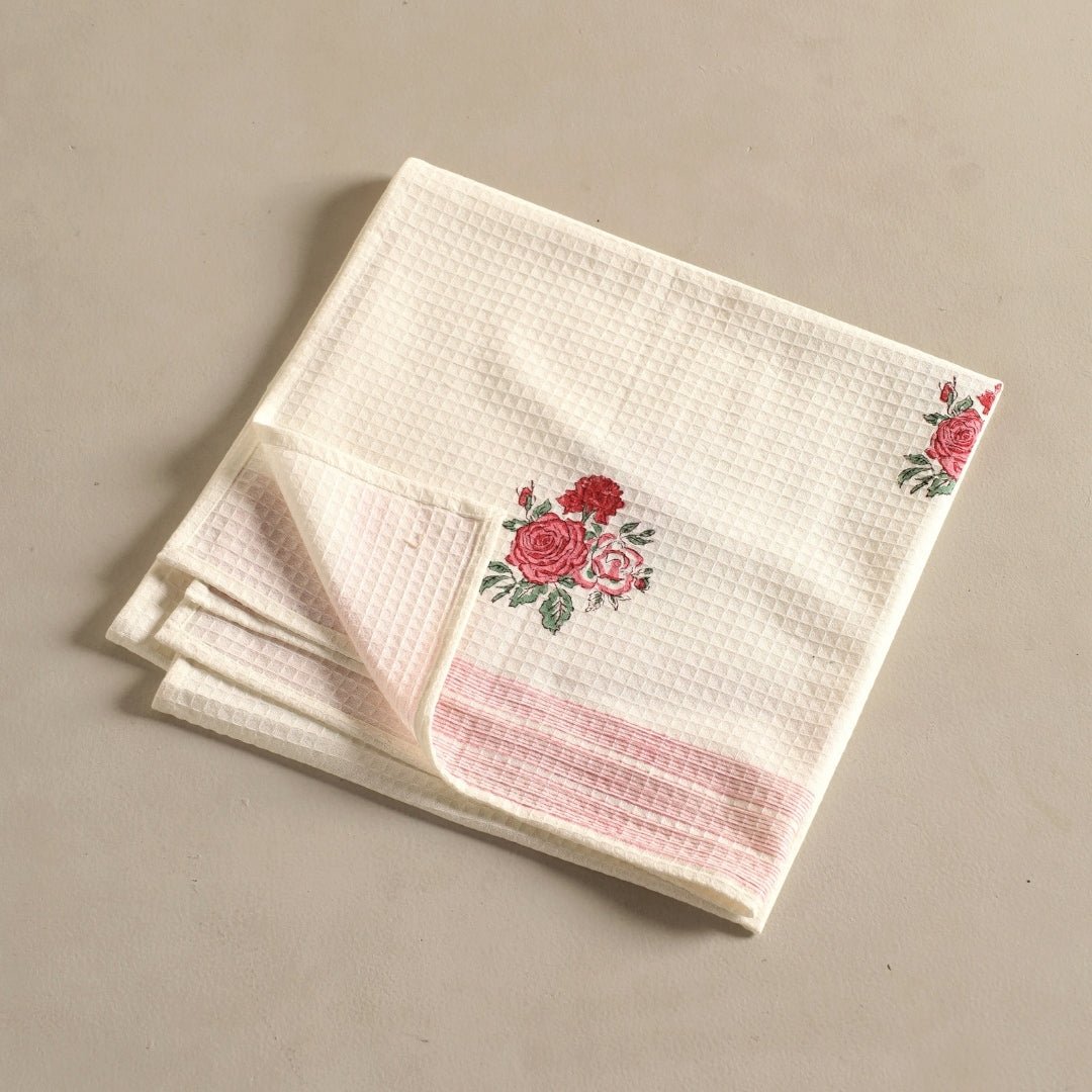Pure Cotton Towel Block Printed in Off White with Roses | Bath Towel 30 x 60 inches and Hand Towel 16 x 24 inches