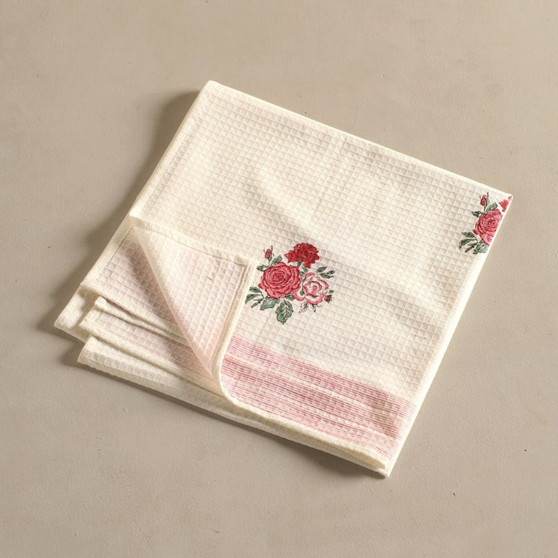 Pure Cotton Towel Block Printed in Off White with Roses | Bath Towel 30 x 60 inches and Hand Towel 16 x 24 inches