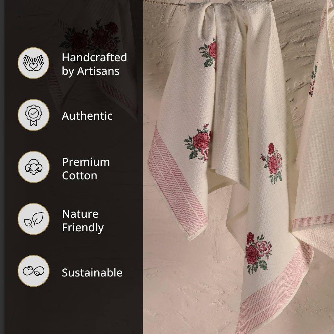 Pure Cotton Towel Block Printed in Off White with Roses | Bath Towel 30 x 60 inches and Hand Towel 16 x 24 inches